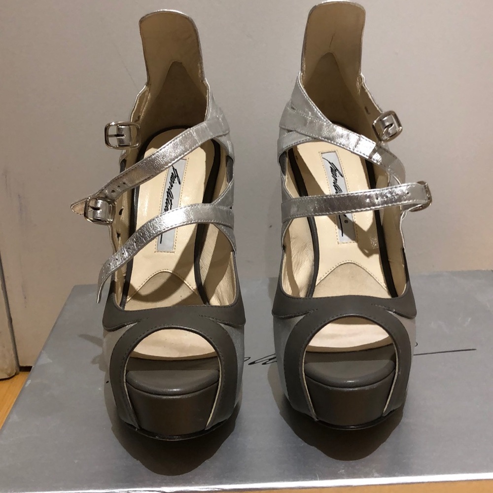 Brian Atwood silver platform open tor heels size 36